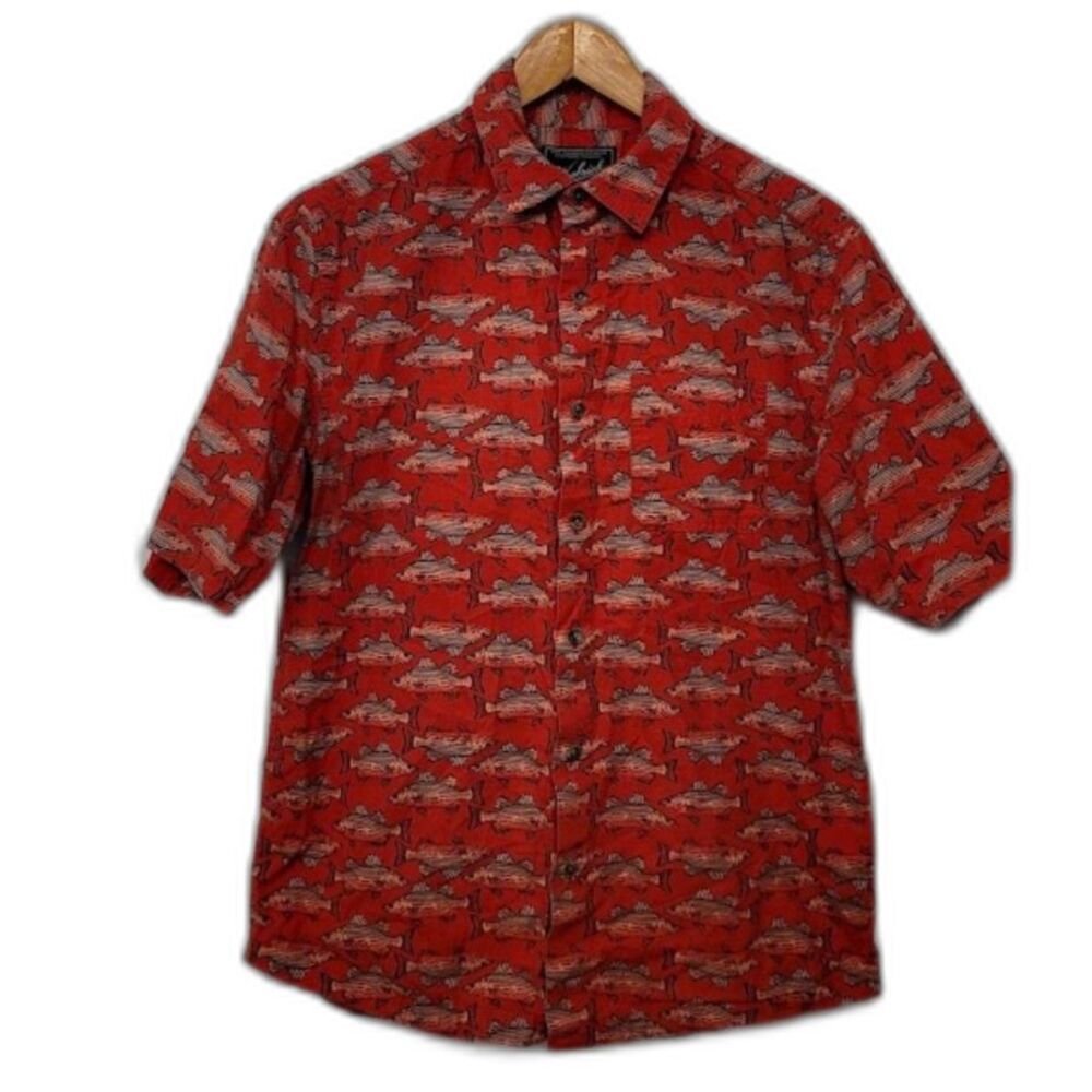 Woolrich Red Salmon Fish Short Sleeve Button Shirt Outdoor Fishing Mens S
